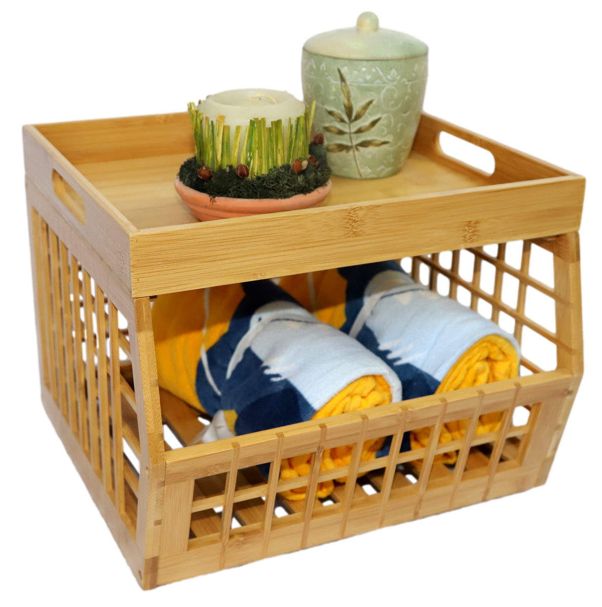 Open Front Stackable Bamboo Storage Bins with Lattice Design