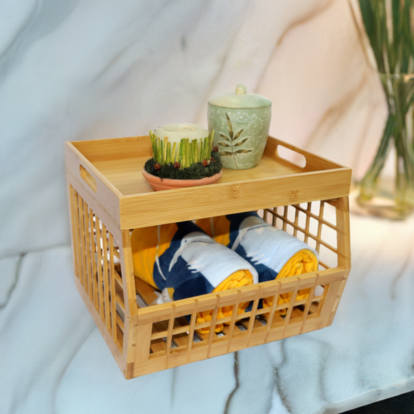 Bamboo Storage Bin - Open Front Stackable Storage Bins with Lattice Design for Kitchen & Pantry