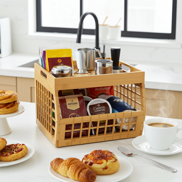 Bamboo Storage Bin - Open Front Stackable Storage Bins with Lattice Design for Kitchen & Pantry
