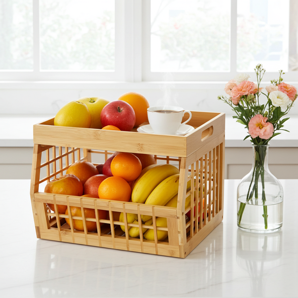 Bamboo Storage Bin - Open Front Stackable Storage Bins with Lattice Design for Kitchen & Pantry