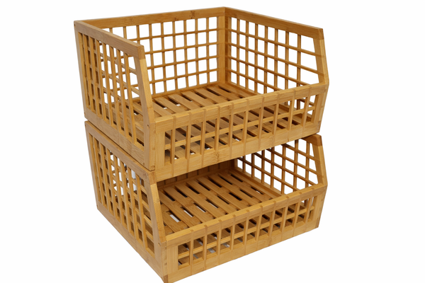 Bamboo Storage Bin - Open Front Stackable Storage Bins with Lattice Design for Kitchen & Pantry