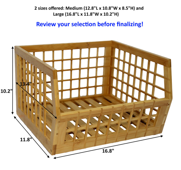 Bamboo Storage Bin - Open Front Stackable Storage Bins with Lattice Design for Kitchen & Pantry