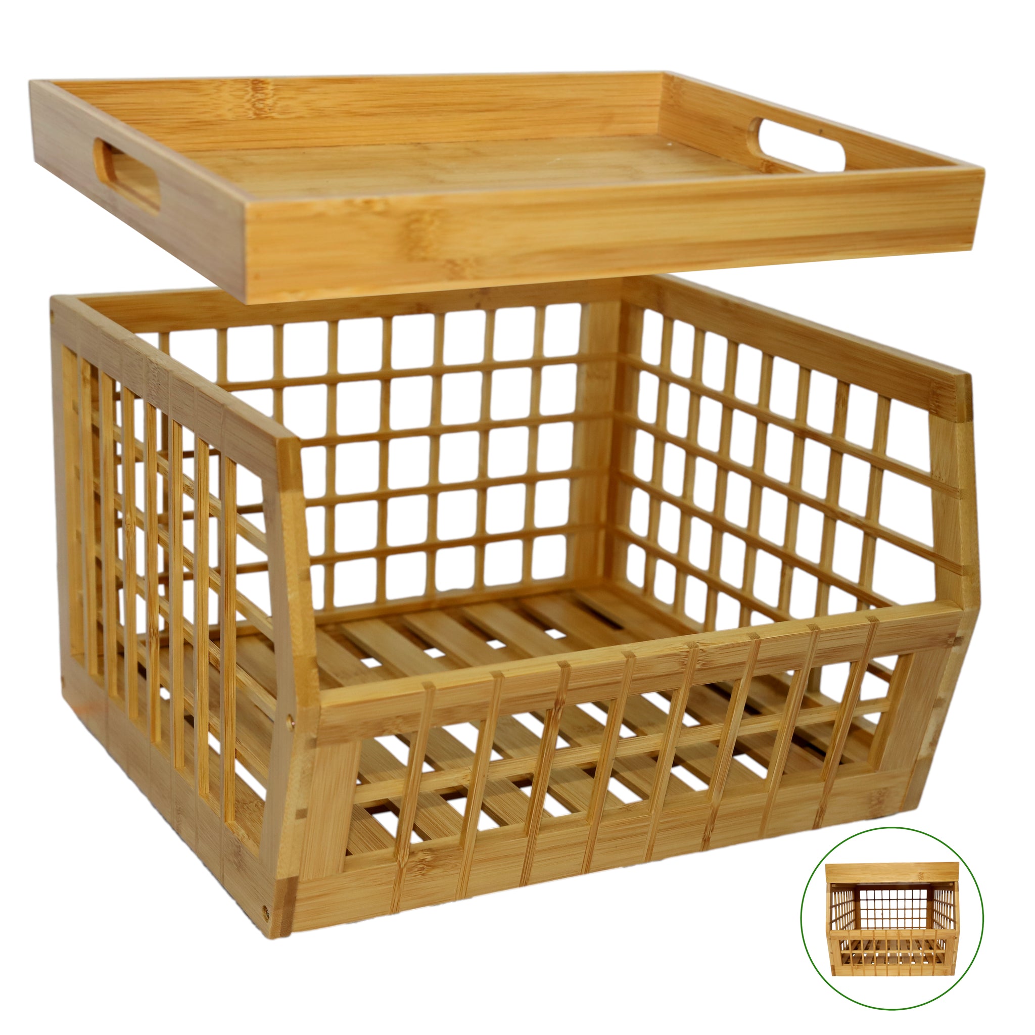 Open Front Stackable Bamboo Storage Bins with Lattice Design
