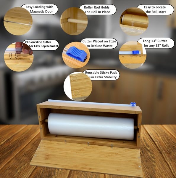 Bamboo Vacuum Sealer Bag Roll Dispenser with Slide Cutter