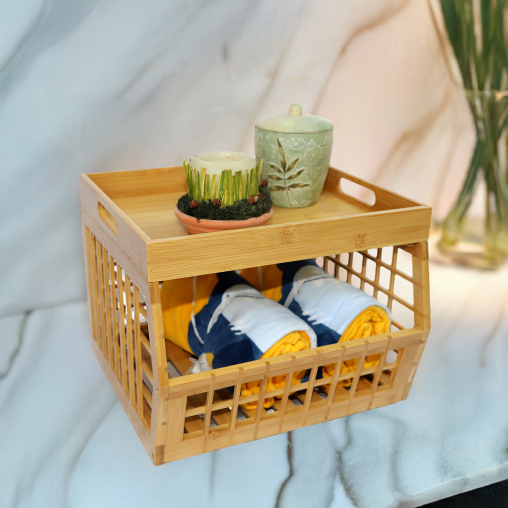 Stackable Bamboo Open Front Stackable Bamboo Storage Bins with Lattice Design ...