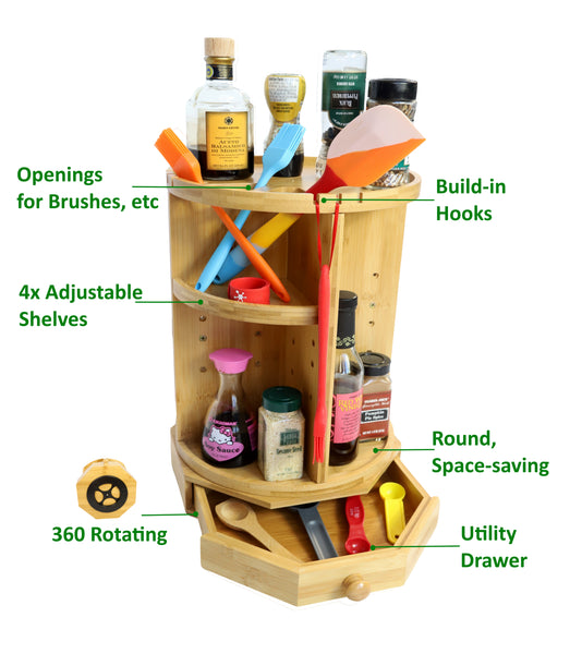 Bamboo Rotating Organizer with Adjustable Shelves and Drawer