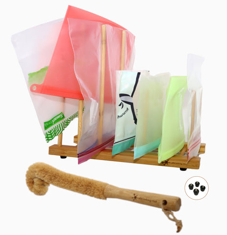 Bamboo Plastic Bag Drying Rack & Bottle Brush Set