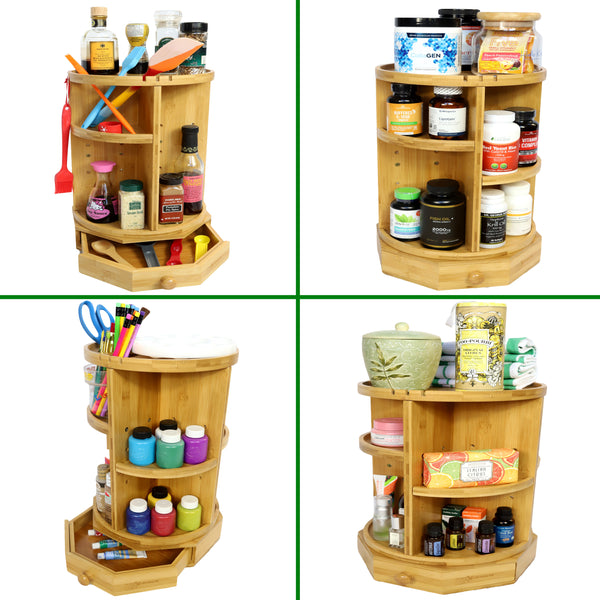 Bamboo Rotating Organizer with Adjustable Shelves and Drawer