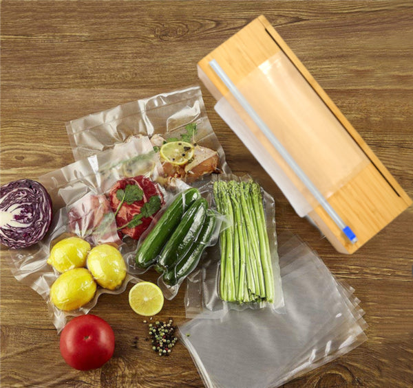 Bamboo Vacuum Sealer Bag Roll Dispenser with Slide Cutter Incl 32-ft 11-inch Vacuum Bag Roll
